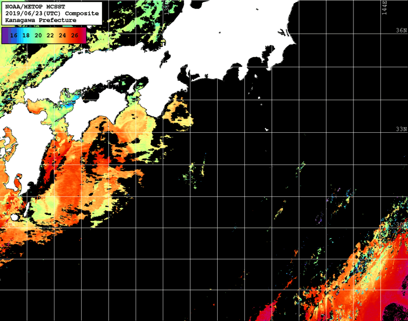 NOAA、MetOp 人工衛星画像 検索結果, 水温分布を図示