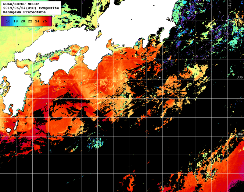 NOAA、MetOp 人工衛星画像 検索結果, 水温分布を図示