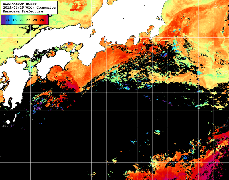 NOAA、MetOp 人工衛星画像 検索結果, 水温分布を図示