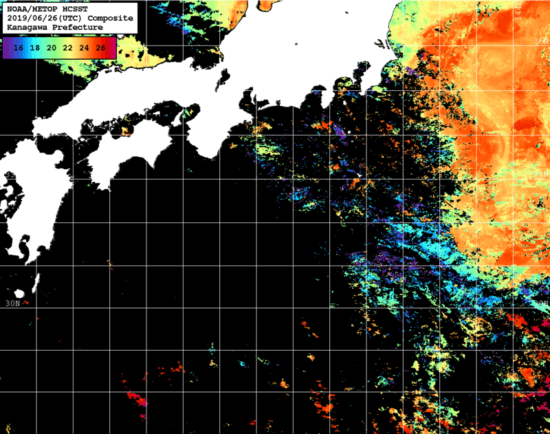 NOAA、MetOp 人工衛星画像 検索結果, 水温分布を図示