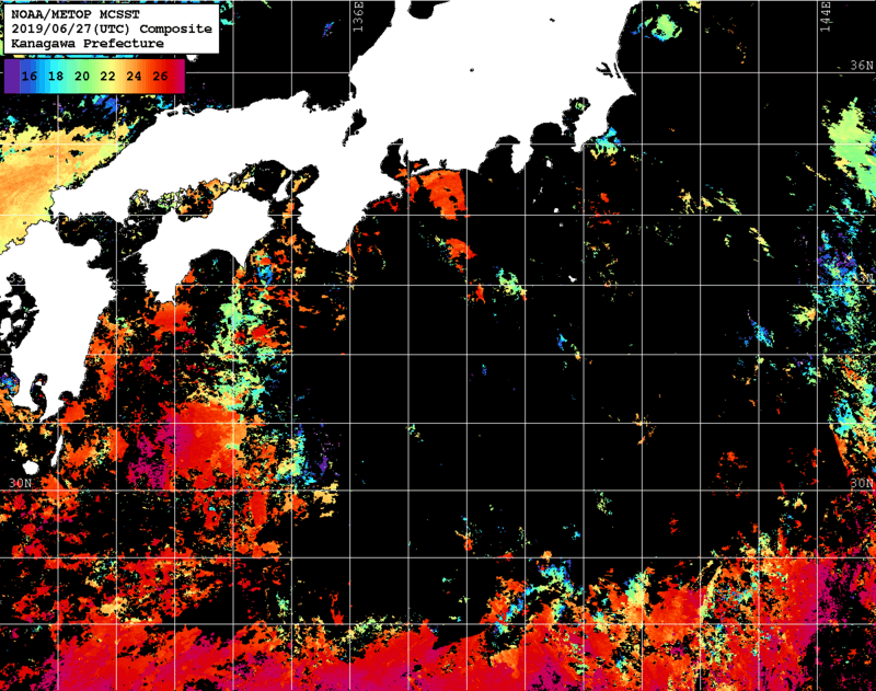 NOAA、MetOp 人工衛星画像 検索結果, 水温分布を図示