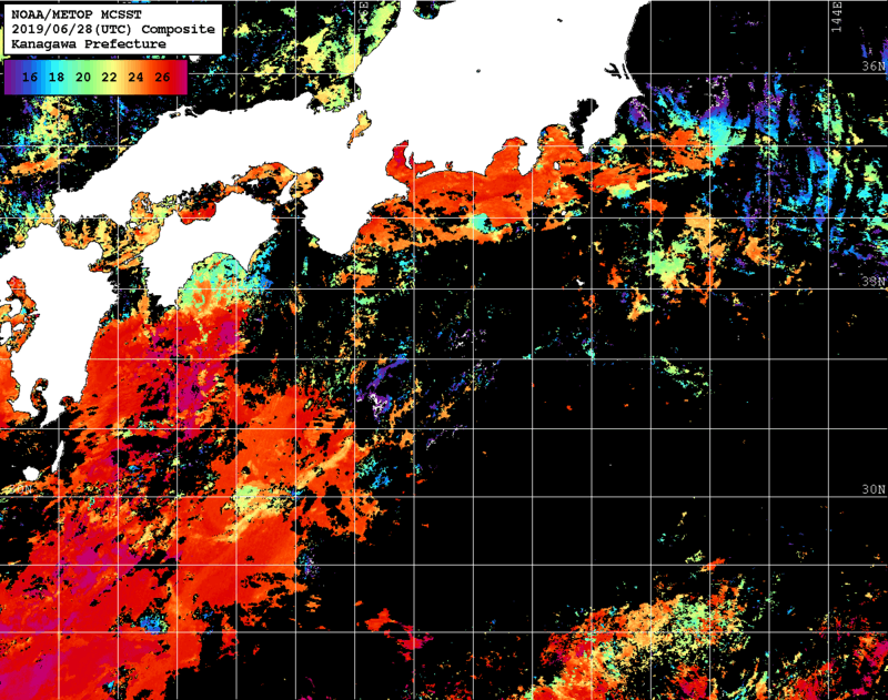 NOAA、MetOp 人工衛星画像 検索結果, 水温分布を図示