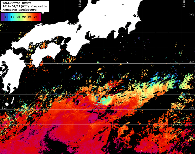 NOAA、MetOp 人工衛星画像 検索結果, 水温分布を図示