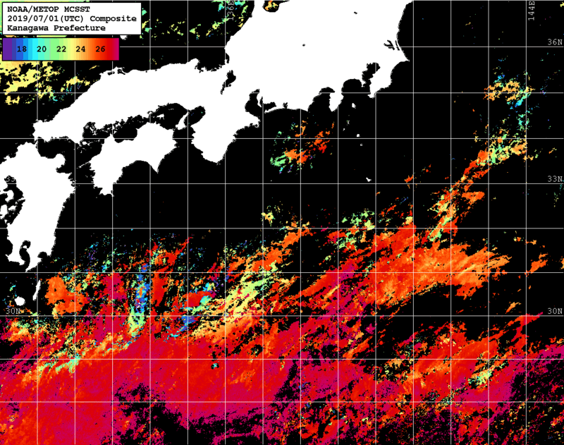 NOAA、MetOp 人工衛星画像 検索結果, 水温分布を図示