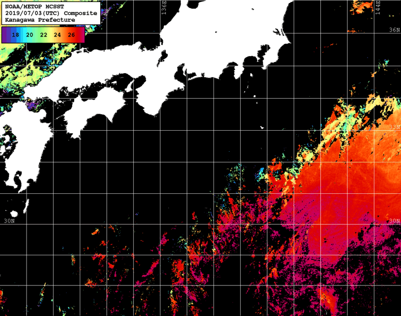 NOAA、MetOp 人工衛星画像 検索結果, 水温分布を図示