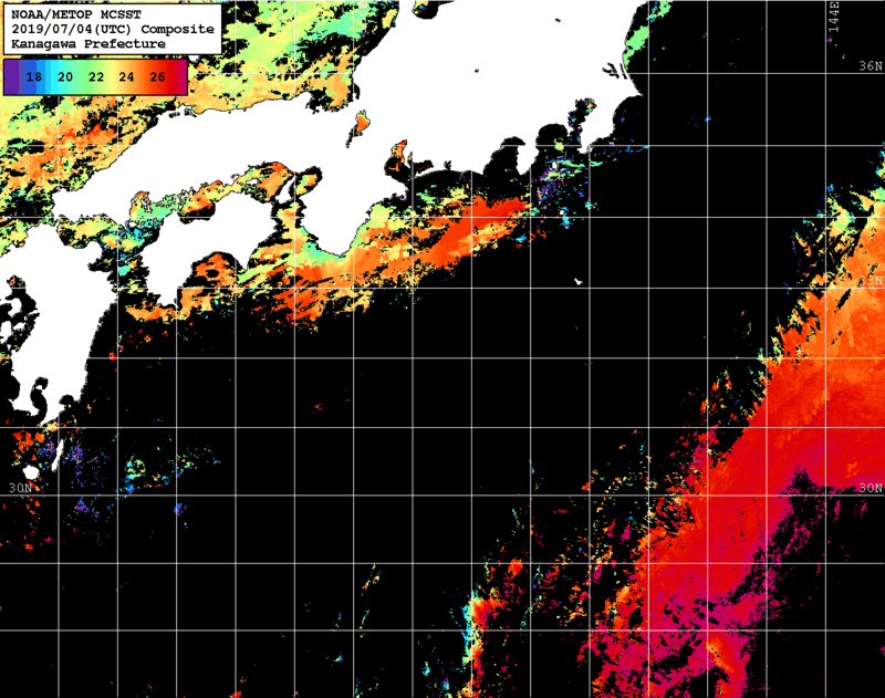 NOAA、MetOp 人工衛星画像 検索結果, 水温分布を図示