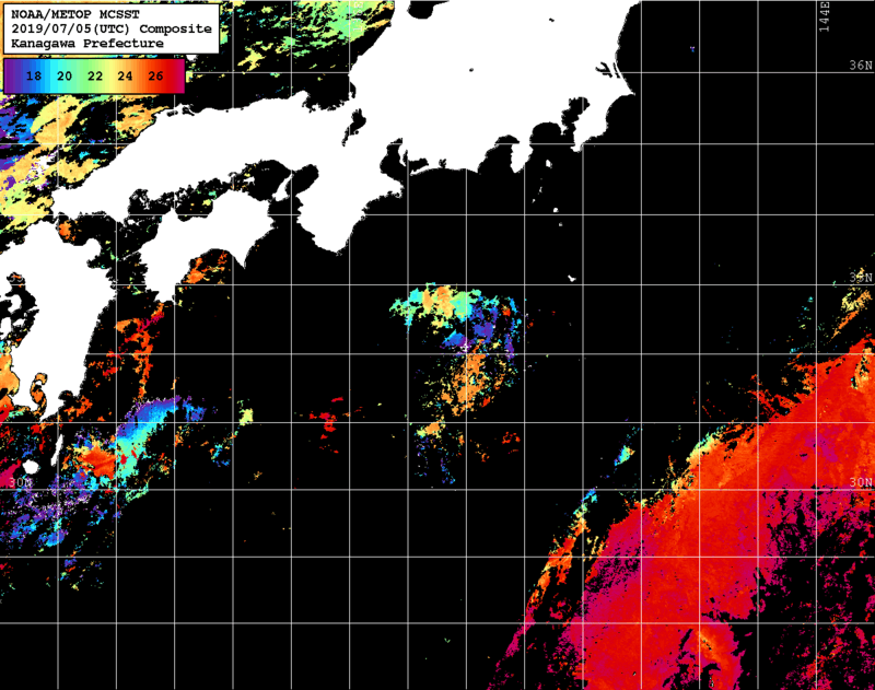 NOAA、MetOp 人工衛星画像 検索結果, 水温分布を図示