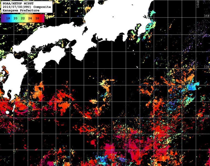 NOAA、MetOp 人工衛星画像 検索結果, 水温分布を図示