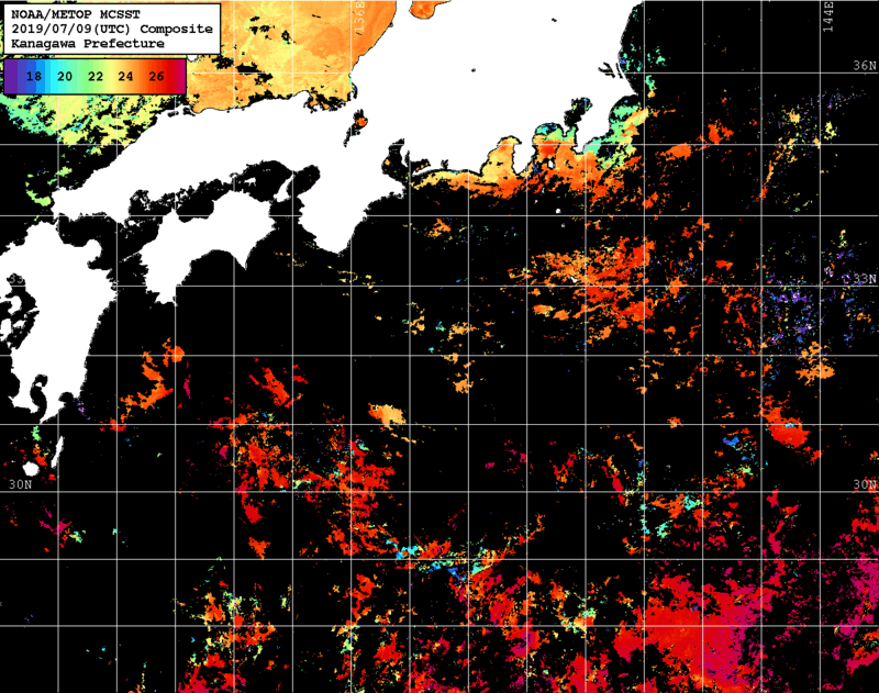 NOAA、MetOp 人工衛星画像 検索結果, 水温分布を図示