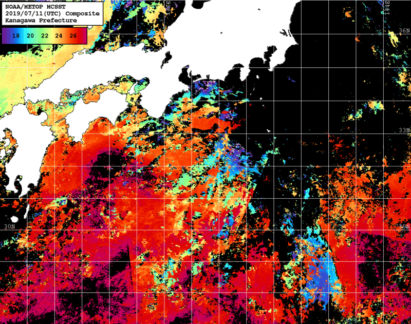 NOAA、MetOp 人工衛星画像 検索結果, 水温分布を図示