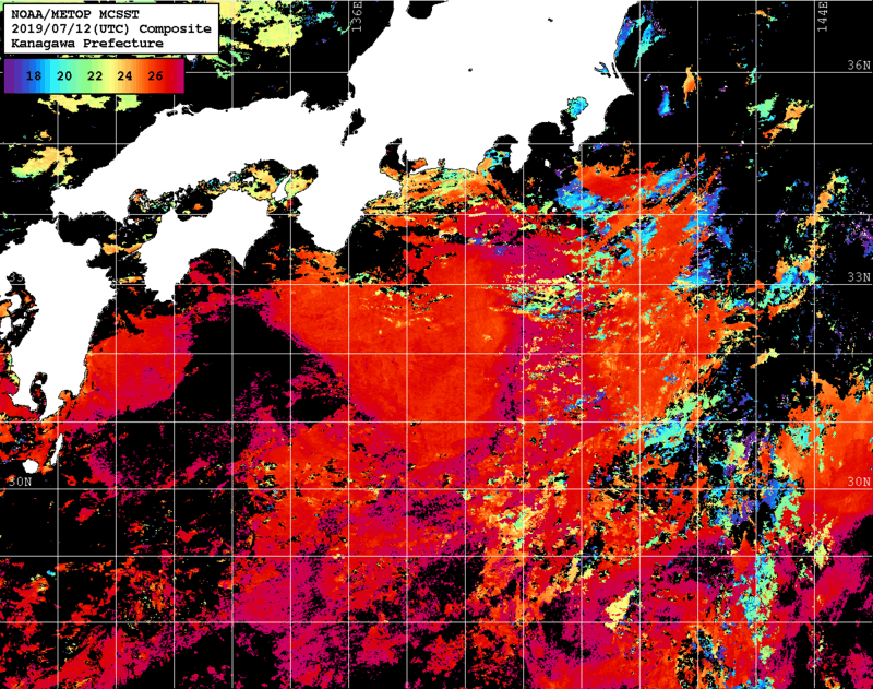 NOAA、MetOp 人工衛星画像 検索結果, 水温分布を図示