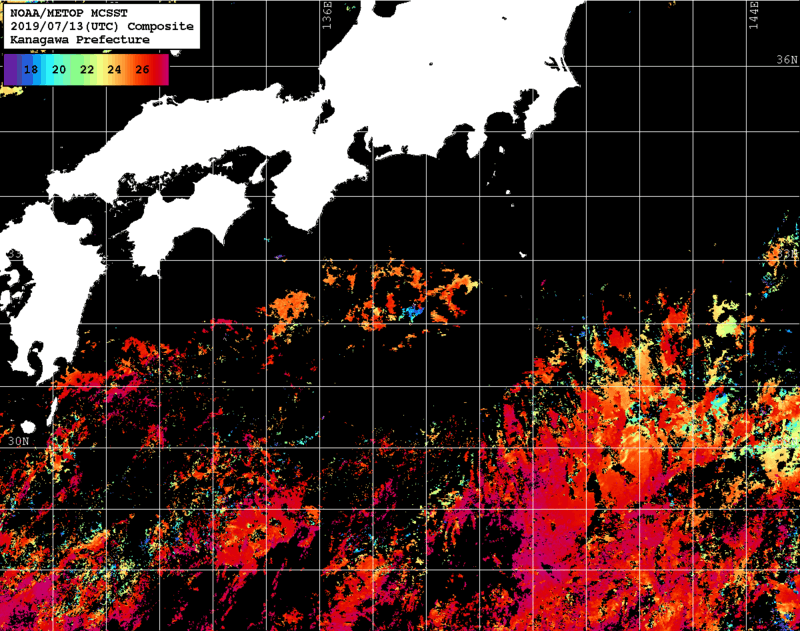 NOAA、MetOp 人工衛星画像 検索結果, 水温分布を図示
