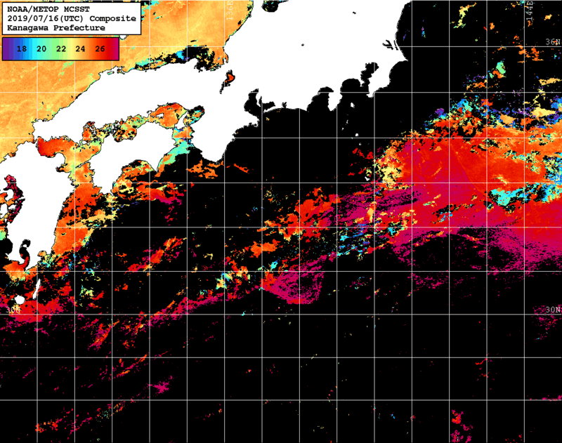 NOAA、MetOp 人工衛星画像 検索結果, 水温分布を図示