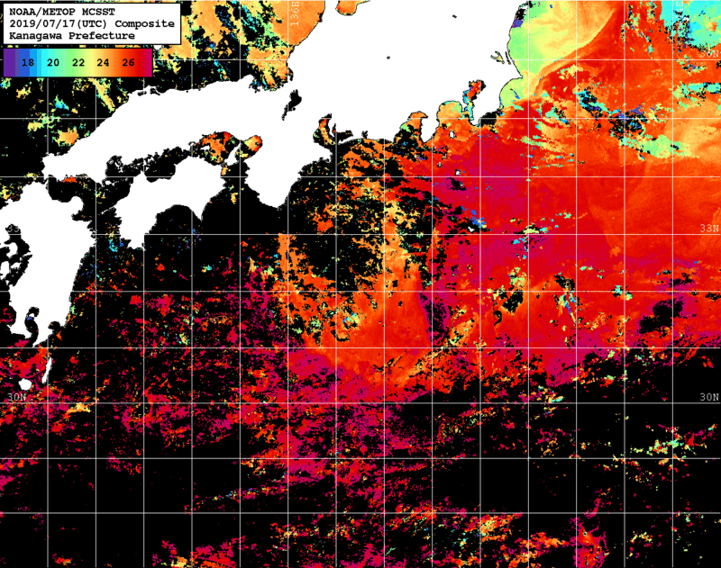 NOAA、MetOp 人工衛星画像 検索結果, 水温分布を図示