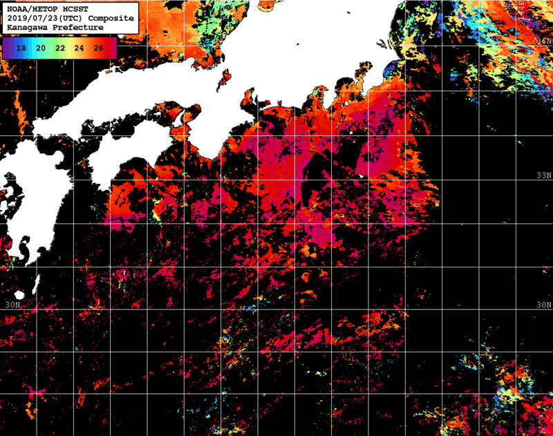 NOAA、MetOp 人工衛星画像 検索結果, 水温分布を図示