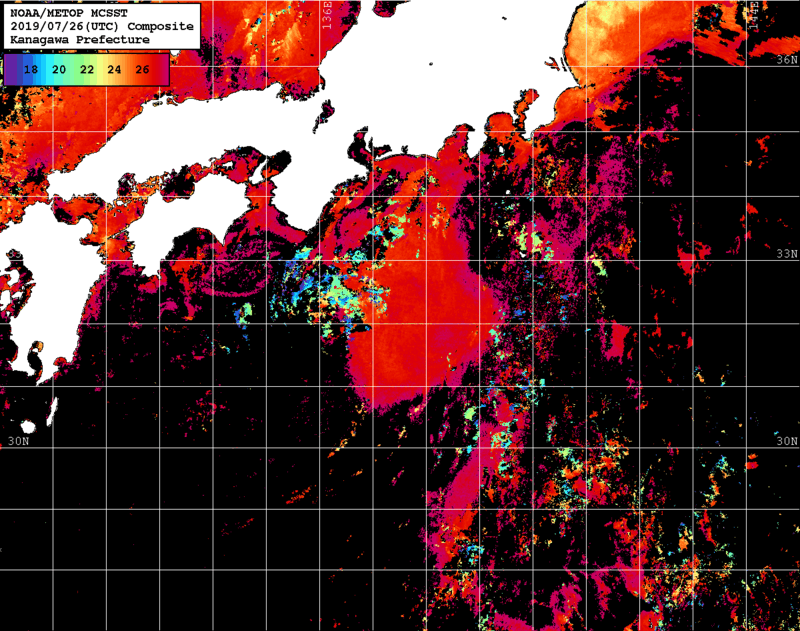 NOAA、MetOp 人工衛星画像 検索結果, 水温分布を図示