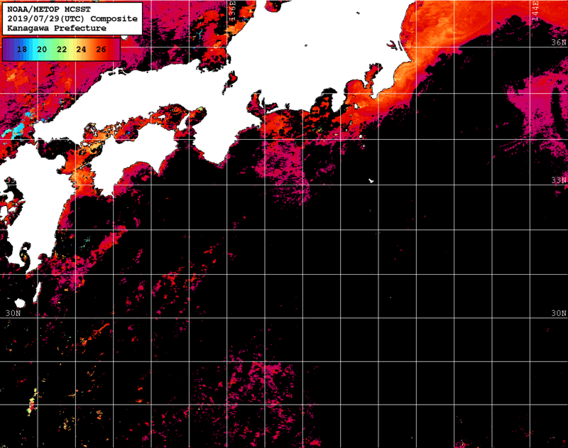 NOAA、MetOp 人工衛星画像 検索結果, 水温分布を図示
