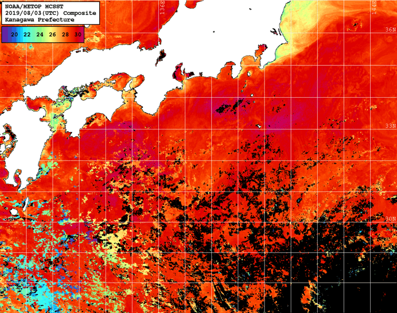NOAA、MetOp 人工衛星画像 検索結果, 水温分布を図示