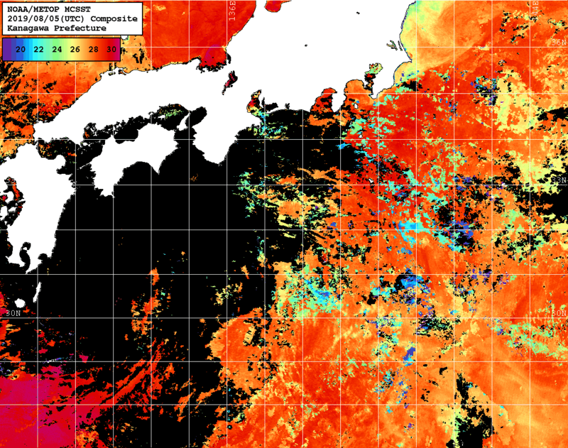 NOAA、MetOp 人工衛星画像 検索結果, 水温分布を図示