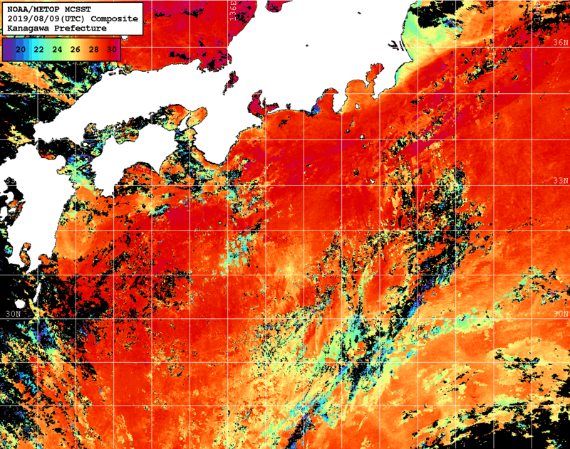 NOAA、MetOp 人工衛星画像 検索結果, 水温分布を図示