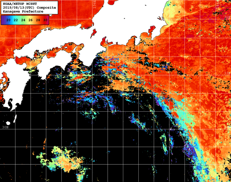 NOAA、MetOp 人工衛星画像 検索結果, 水温分布を図示