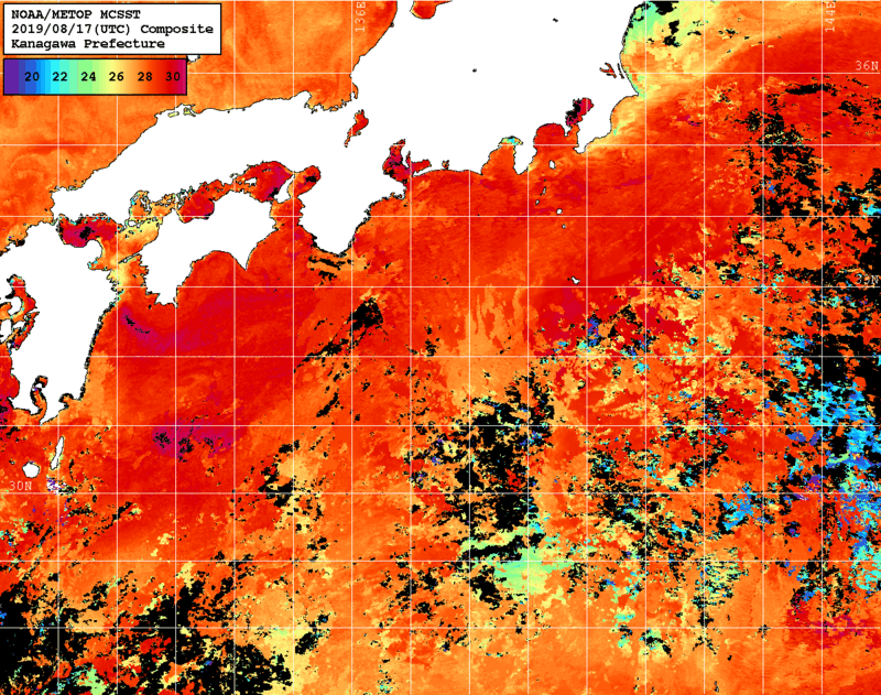 NOAA、MetOp 人工衛星画像 検索結果, 水温分布を図示