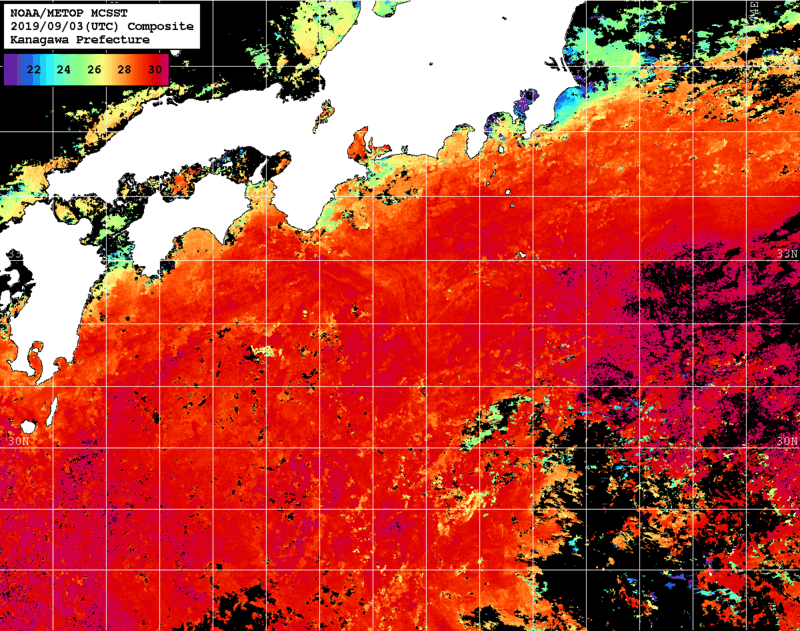 NOAA、MetOp 人工衛星画像 検索結果, 水温分布を図示