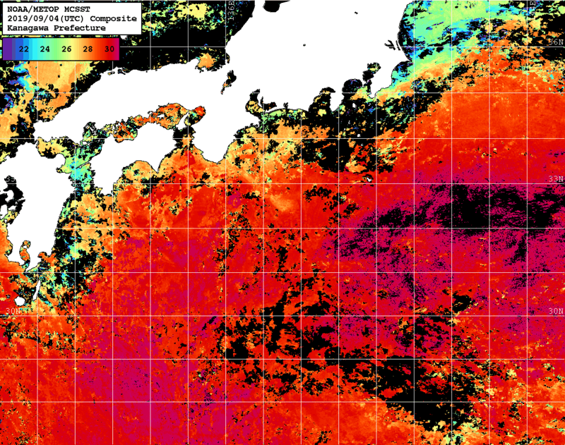 NOAA、MetOp 人工衛星画像 検索結果, 水温分布を図示