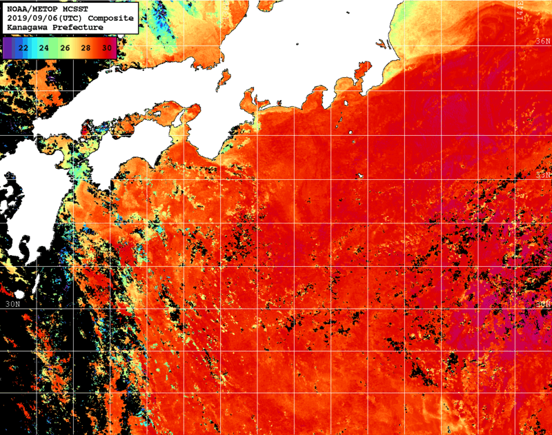 NOAA、MetOp 人工衛星画像 検索結果, 水温分布を図示