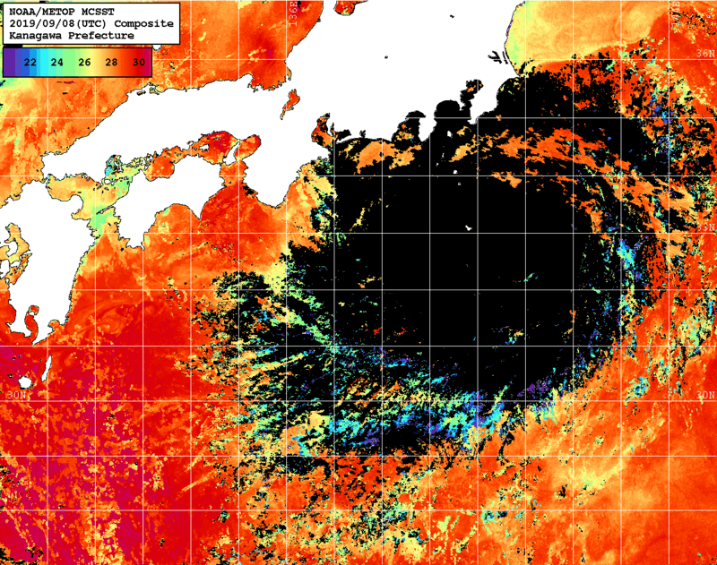 NOAA、MetOp 人工衛星画像 検索結果, 水温分布を図示