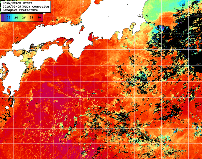 NOAA、MetOp 人工衛星画像 検索結果, 水温分布を図示