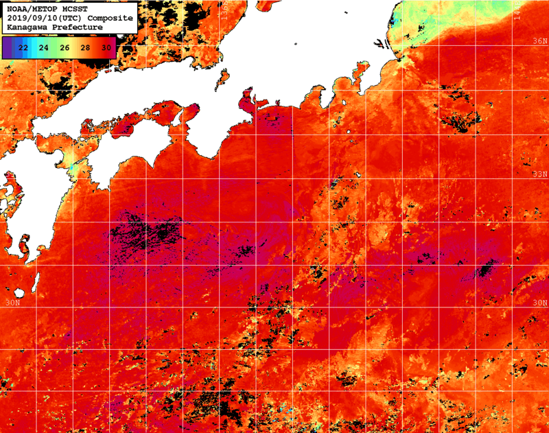 NOAA、MetOp 人工衛星画像 検索結果, 水温分布を図示