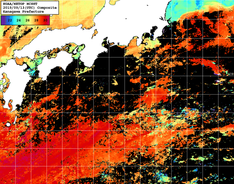 NOAA、MetOp 人工衛星画像 検索結果, 水温分布を図示