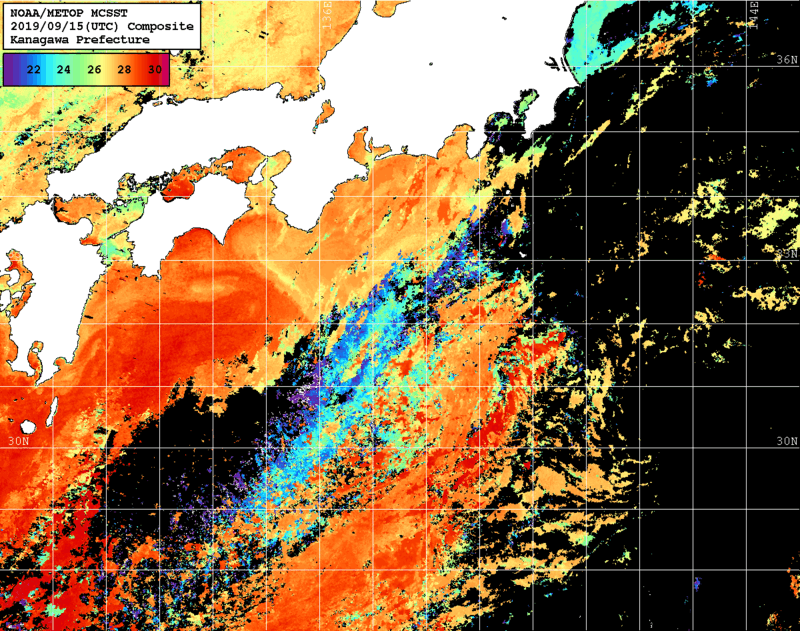 NOAA、MetOp 人工衛星画像 検索結果, 水温分布を図示