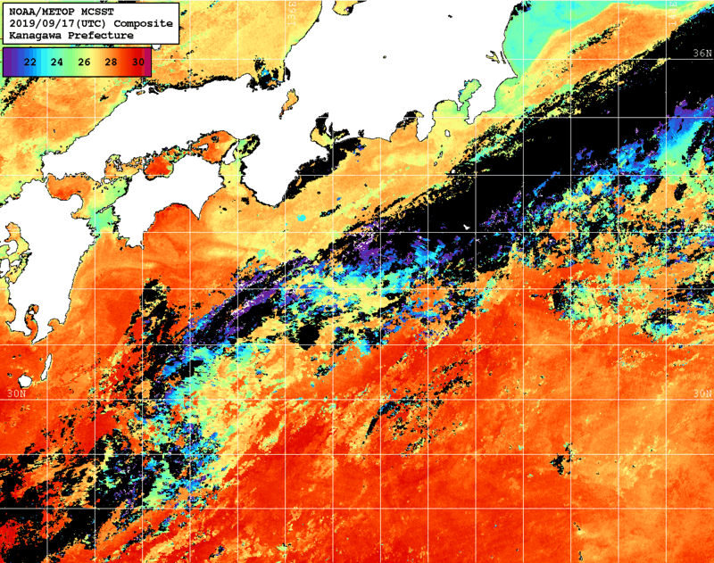 NOAA、MetOp 人工衛星画像 検索結果, 水温分布を図示