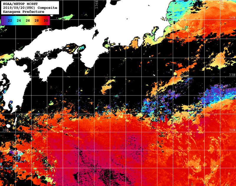 NOAA、MetOp 人工衛星画像 検索結果, 水温分布を図示