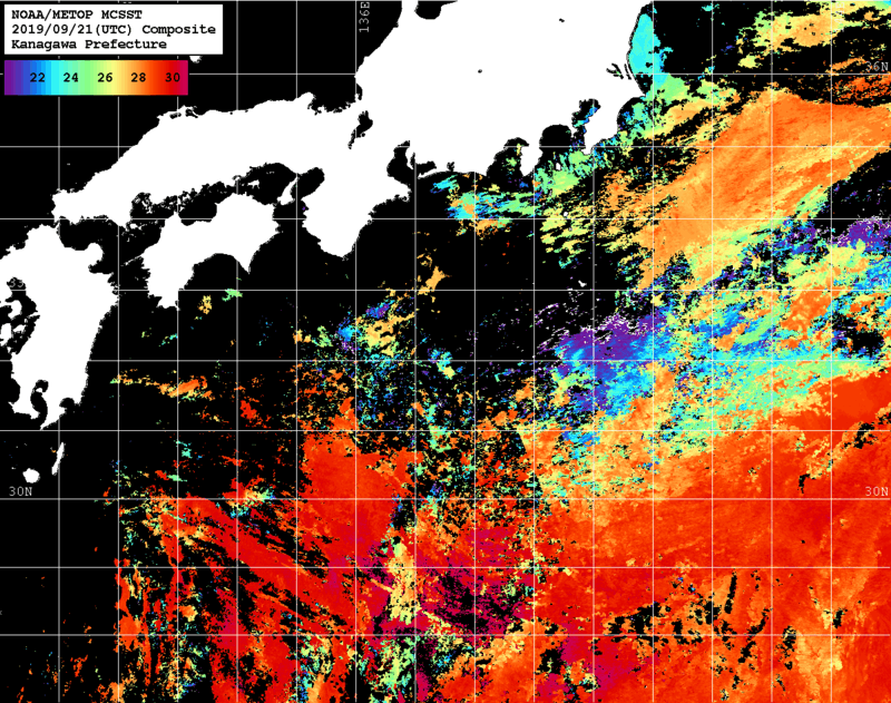 NOAA、MetOp 人工衛星画像 検索結果, 水温分布を図示