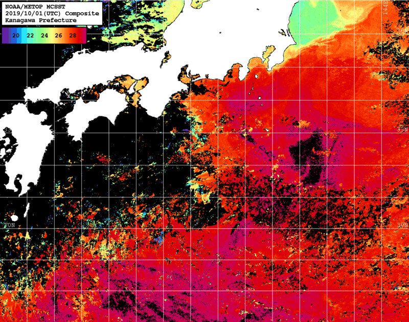 NOAA、MetOp 人工衛星画像 検索結果, 水温分布を図示