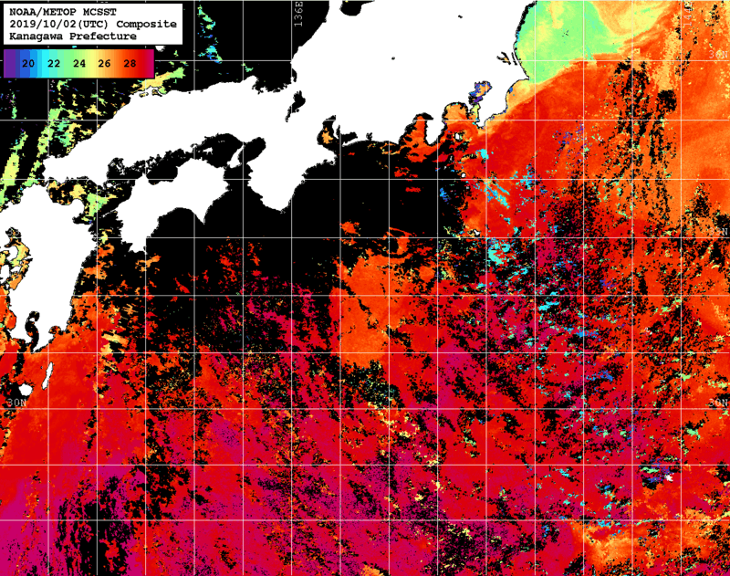 NOAA、MetOp 人工衛星画像 検索結果, 水温分布を図示