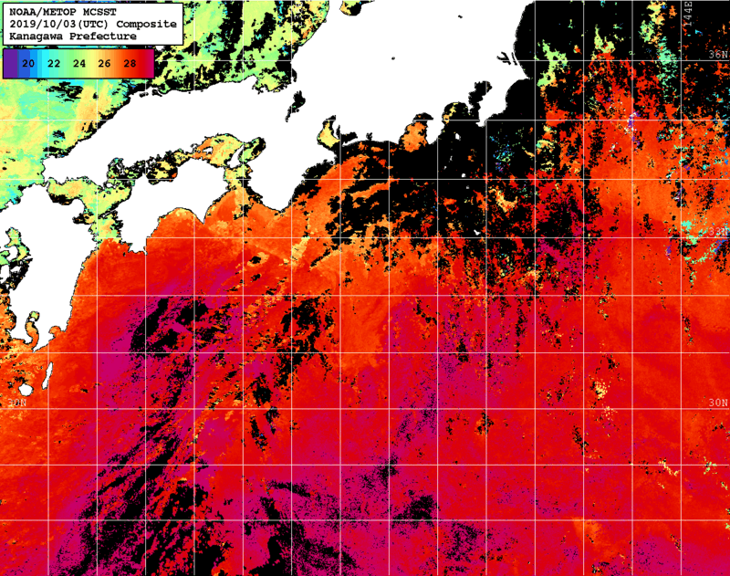 NOAA、MetOp 人工衛星画像 検索結果, 水温分布を図示