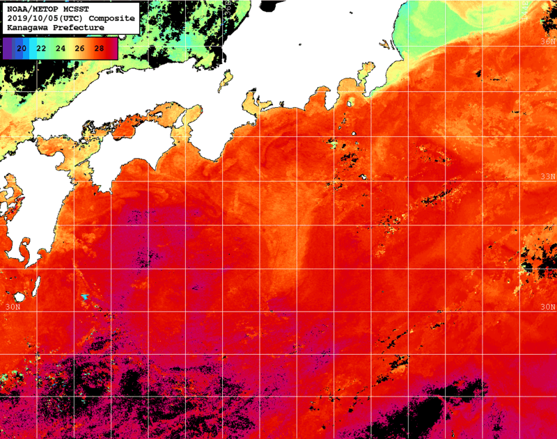 NOAA、MetOp 人工衛星画像 検索結果, 水温分布を図示