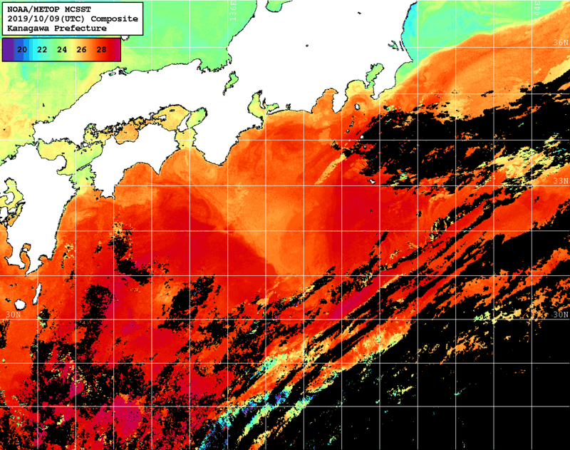 NOAA、MetOp 人工衛星画像 検索結果, 水温分布を図示