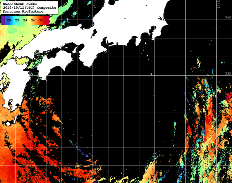NOAA、MetOp 人工衛星画像 検索結果, 水温分布を図示
