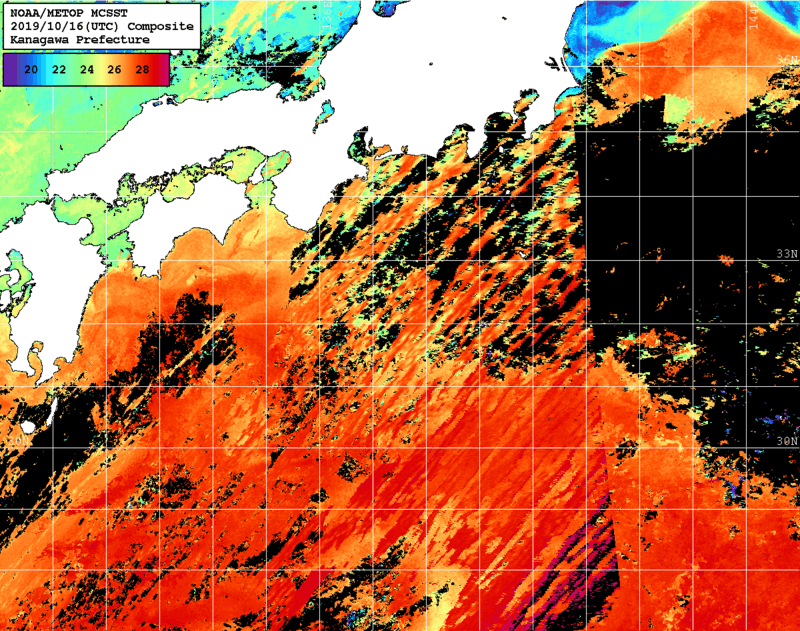 NOAA、MetOp 人工衛星画像 検索結果, 水温分布を図示