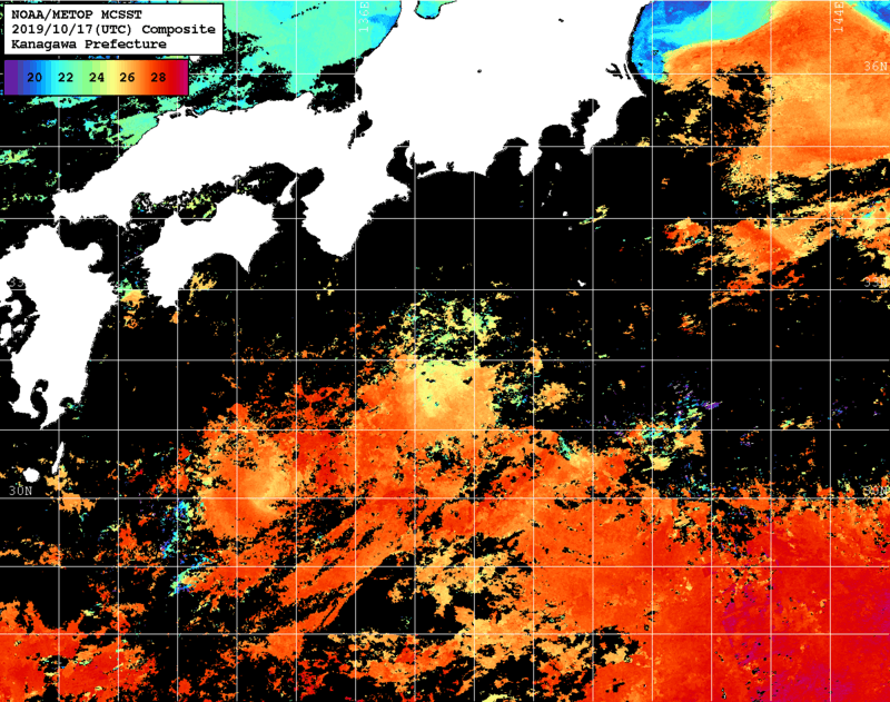 NOAA、MetOp 人工衛星画像 検索結果, 水温分布を図示
