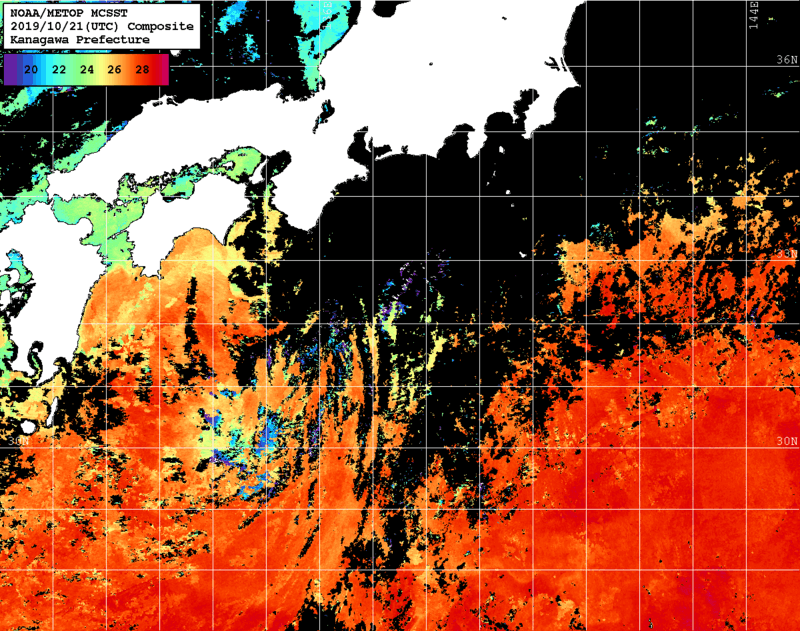 NOAA、MetOp 人工衛星画像 検索結果, 水温分布を図示