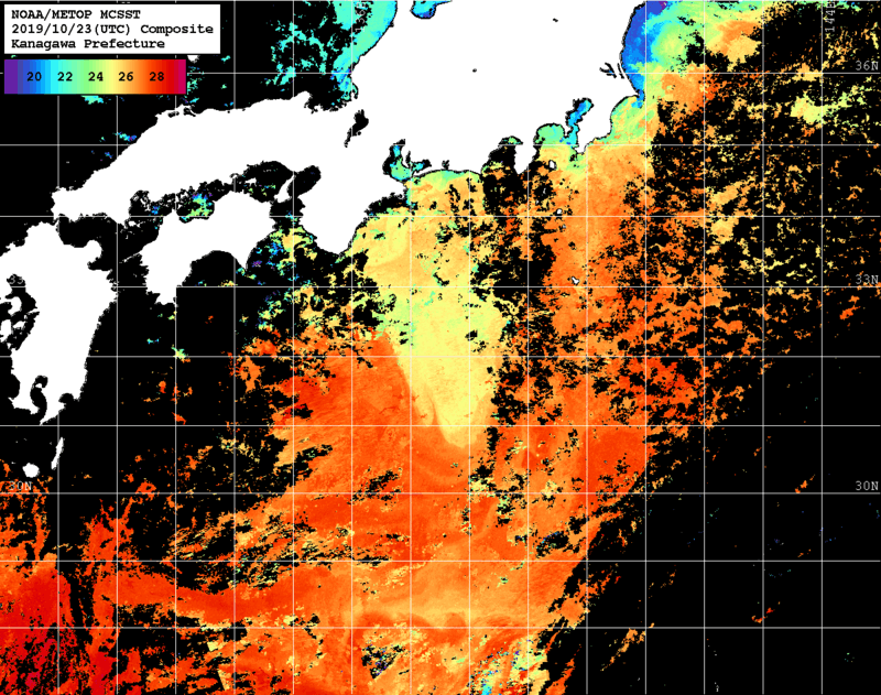 NOAA、MetOp 人工衛星画像 検索結果, 水温分布を図示