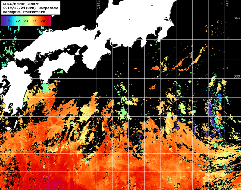 NOAA、MetOp 人工衛星画像 検索結果, 水温分布を図示
