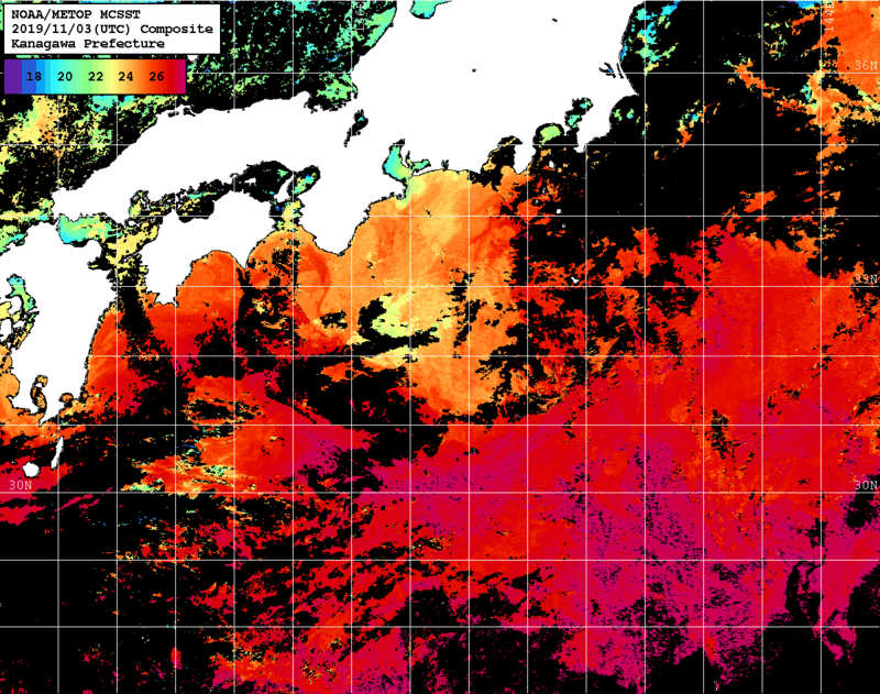 NOAA、MetOp 人工衛星画像 検索結果, 水温分布を図示