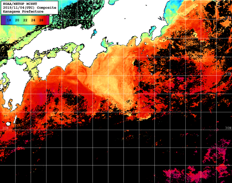 NOAA、MetOp 人工衛星画像 検索結果, 水温分布を図示
